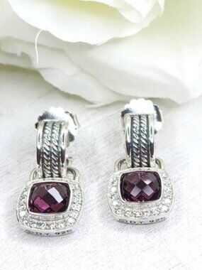 David Yurman Sterling Silver Albion Amethyst w/ Diamonds Drop Earrings - FCM123